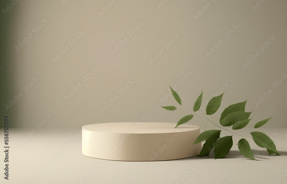 Pedestal for product display presentation with twigs with green leaves. Minimalistic organic showcase against a white background Pedestal for product display presentation with twigs with green leaves. Minimalistic organic showcase against a white background