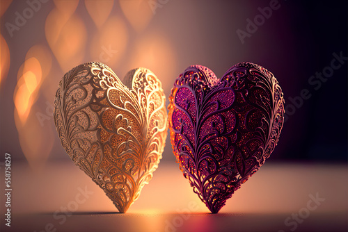 Two intricate pink hearts in lace standing near each other. Love and tenderness combined to a luxury emotions, passion and romance, illustration, generated art