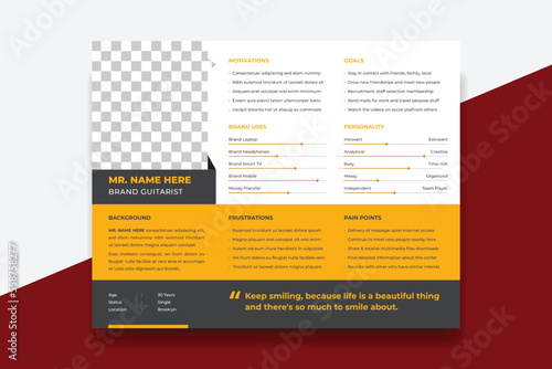User Persona Document Template Vector Illustration. Examples of User Personas template. Persona Document. Persona Template for UI UX designer. User Persona vector horizontal template with blue color.