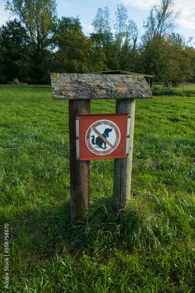 Verbots Schild Hund durchgestrichen, steht auf einer Wiese Verbots Schild Hund durchgestrichen, steht auf einer Wiese