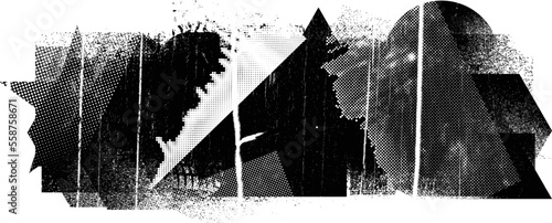 Glitch distorted geometric banner . Noise destroyed background . Trendy defect overlay texture . Glitched collage .Grunge textured . Distressed effect .Vector shapes with stripes screen print texture