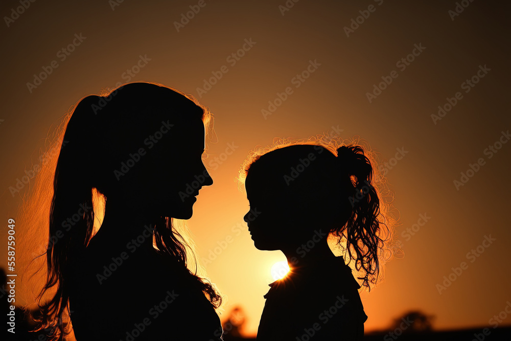 Mother and daughter standing in silhouette against the setting sun. Generative AI