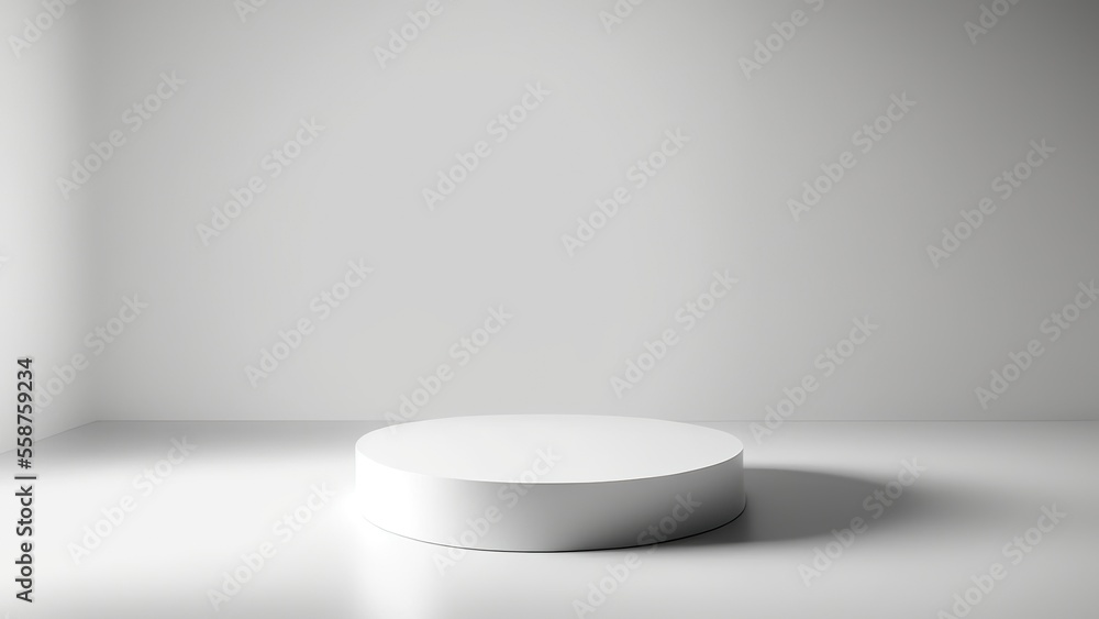 White round podium in a room with sunshine. Empty simple pedestal for the product presentation in sunbeams White round podium in a room with sunshine. Empty simple pedestal for the product presentation in sunbeams