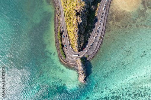 Panoramic aerial view of Maconde View Point with famous hairpin turn, Maconde, Mauritius. photo