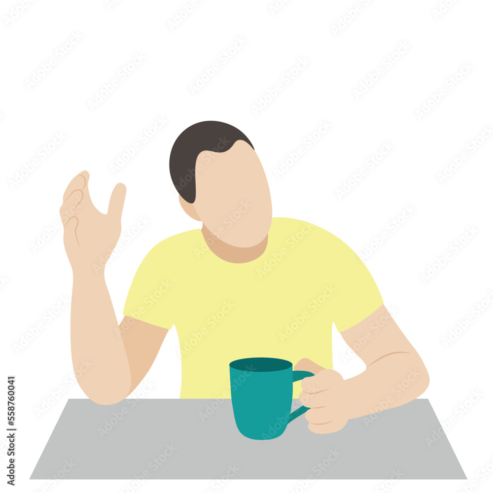 Portrait of a sociable guy with a cup in his hand at the table, flat vector, isolate on white, faceless illustration, coffee break