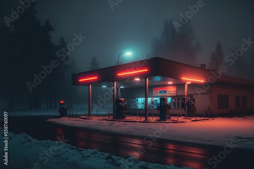 Gas station at night. Lonely. Spooky. Dim lighting.  © ECrafts