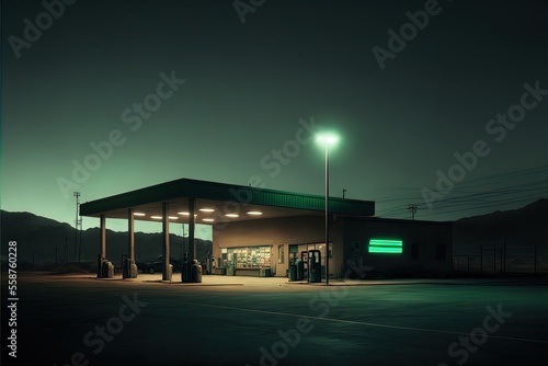 Gas station at night. Lonely. Spooky. Dim lighting. © ECrafts