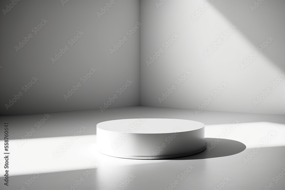 White circular podium in a sunroom. An empty, simple podium for product presentation in the sunlight White circular podium in a sunroom. An empty, simple podium for product presentation in the sunlight