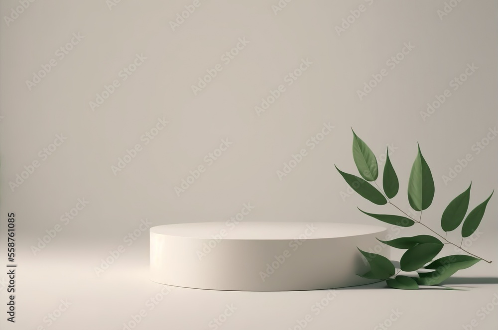 pedestal for product display presentation with twigs with green leaves . Minimalist natural showcase against white background 