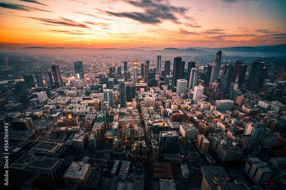 Aerial view of Los Angeles downtown at sunset, United States. Stock ...