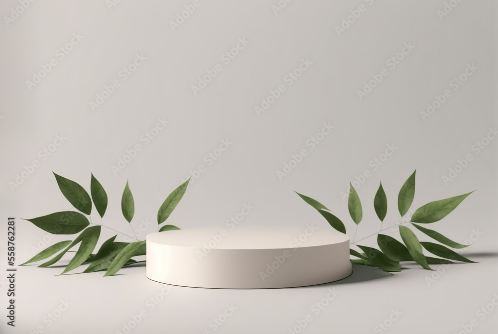 Pedestal for product display presentation with twigs with green leaves. Minimalistic organic showcase against a white background Pedestal for product display presentation with twigs with green leaves. Minimalistic organic showcase against a white background