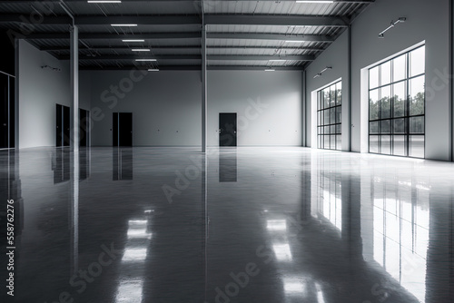 Interior of industrial building warehouse with polished concrete floor and decorative glass wall. Generative AI