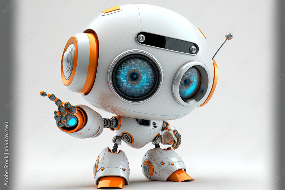 Cute robot on a white backdrop with a pointing hand and a winking eye. technological idea. Generative AI - obrazy, fototapety, plakaty 