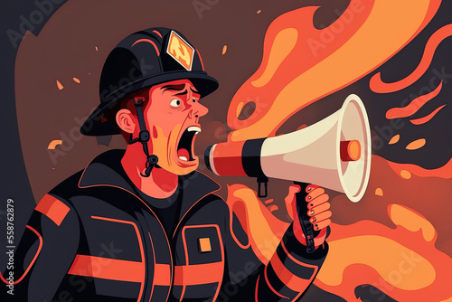 Firefighter with megaphone sounds alarm for emergency evacuation. Warning Characters for Building Occupants Life threatening situation at the office; danger at work. People Cartoon Illustration