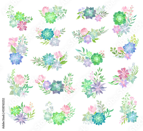 Elegant Bouquets or Bunches of Succulent Blue Flowers and Twigs Big Vector Set