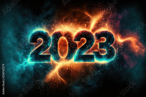 Year 2023 text fireworks, lighting, neon, background illustration made with Generative AI