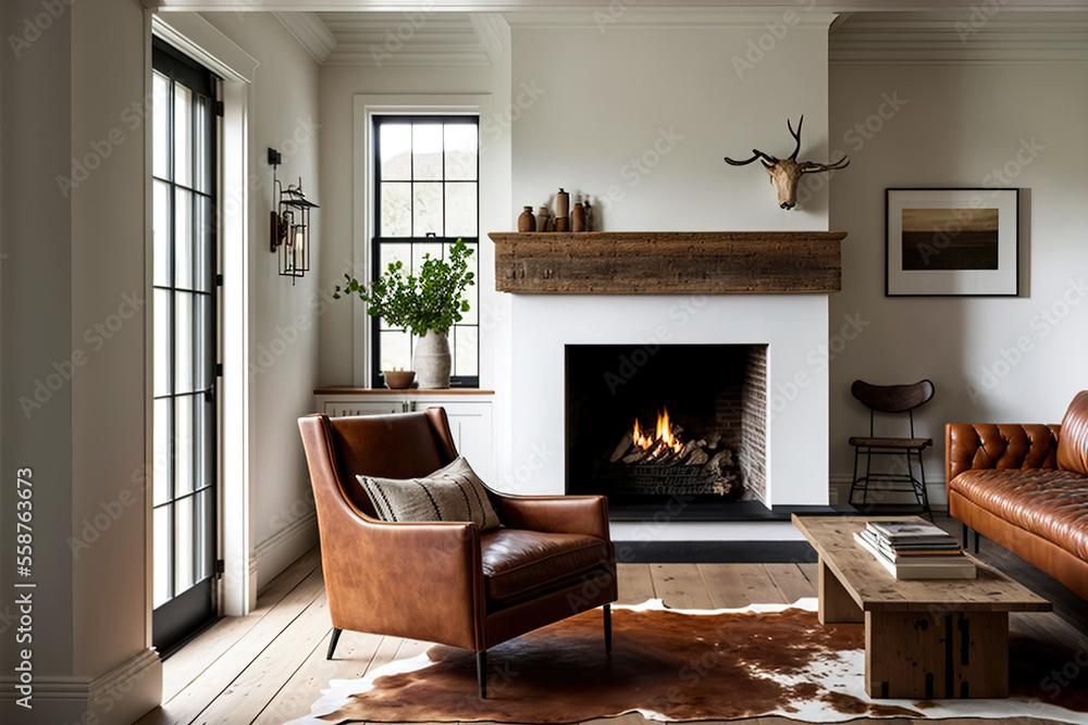 Fototapeta premium Simple living room in a modern farmhouse with little decoration Brown leather sofa and armchairs with a gas fireplace with a raw edged wooden mantel. Generative AI