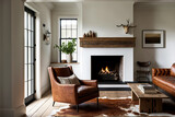 Simple living room in a modern farmhouse with little decoration Brown leather sofa and armchairs with a gas fireplace with a raw edged wooden mantel. Generative AI