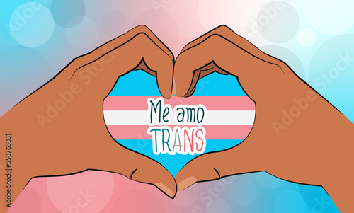Me amo TRANS. Poster o tarjeta de la visibilidad trans. Manos formando corazón con bandera azul rosa y blanca de fondo.