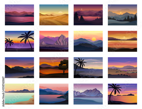 Beautiful nature landscape at sunset or sunrise set. Evening or morning view of tropical ocean, desert, mountains cartoon vector