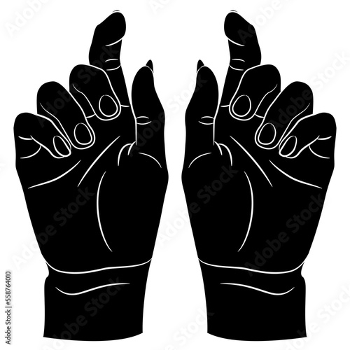 Two raised up female hands. Relaxed holding gesture. Pointing index finger. Black and white negative silhouette. Cartoon style.
