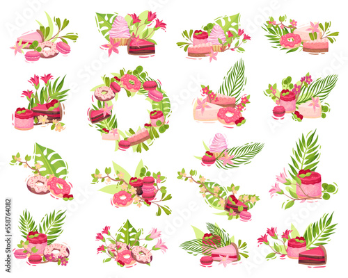 Sweet desserts with flowers and tropical leaves. Floral compositions with cake, donut, macaroon cartoon vector illustration