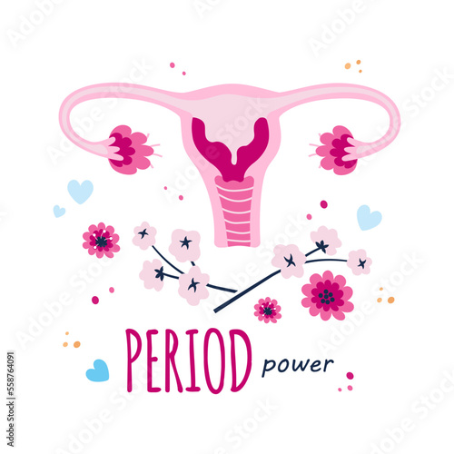 Uterus with flowers and quote: Period power. Female reproductive system, uterus, womb, female reproductive organ, women's health. Vector illustration in flat style