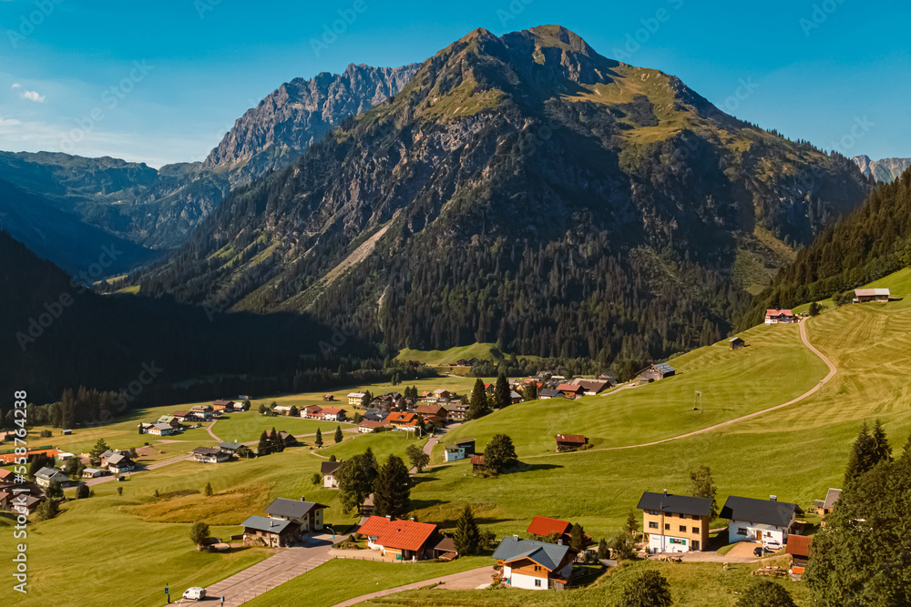 Beautiful alpine summer view at the famous Walmendinger Horn summit, Kleinwalsertal valley, Mittelberg, Vorarlberg, Austria