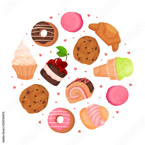 Tasty desserts in round shape. Sweet treats and sweets banner, poster, card design template cartoon vector