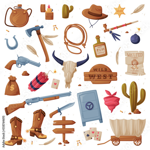 Wild West Objects Isolated on White Background Vector Set