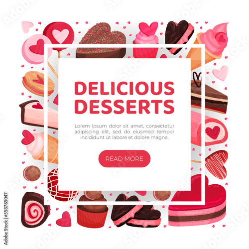 Tasty Valentine Sweet Pink Dessert Banner Design Vector Template