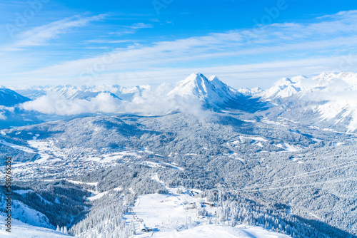 View of winter landscape with snow covered Alps in Seefeld in the Austrian state of Tyrol. Winter in Austria photo