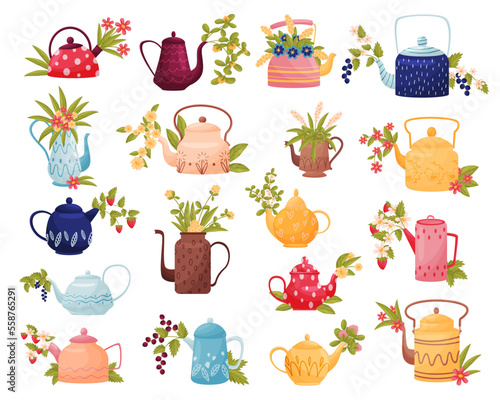 Cute flowers in teapots set. Blooming flowers,berries and herbs in kettles for interior decoration cartoon vector illustration