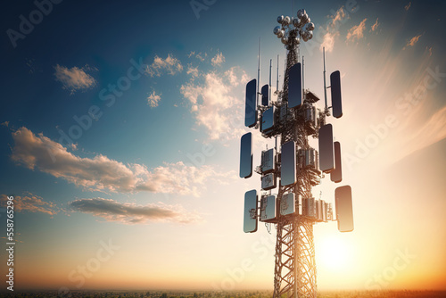 Photo Background image shows a 5G global network technology communication antenna tower for wireless high speed internet