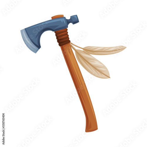 Indian Hatchet with Feathers and Wooden Handle as Wild West Object Vector Illustration