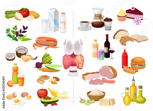 Thyroid Good and Bad Food and Nutrition Big Vector Set