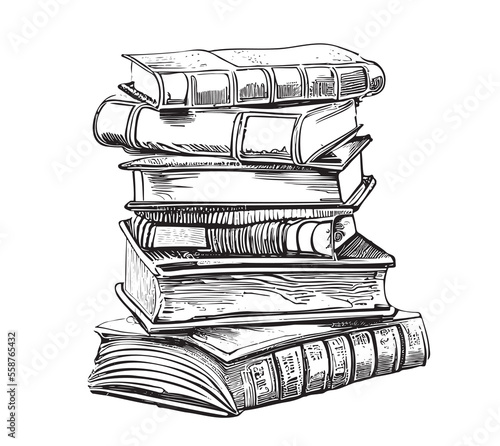 Vertical stack of old vintage books sketch, hand drawn in doodle style Vector illustration.