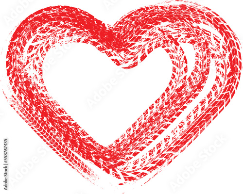 Tire tracks in heart form. Car thread silhouette. Vector illustration.