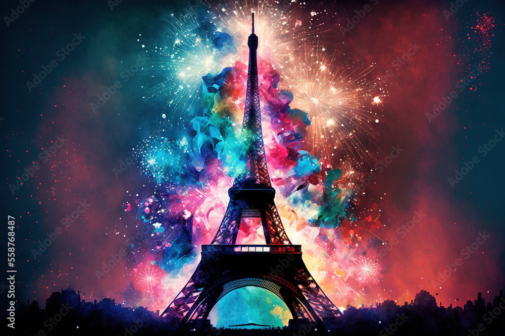 Eiffel Tower in Paris with fireworks. Generative AI.