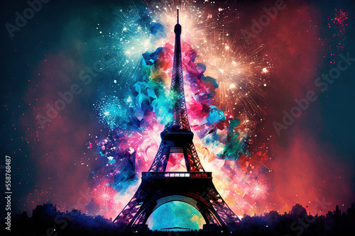 Eiffel Tower in Paris with fireworks. Generative AI. © Bargais