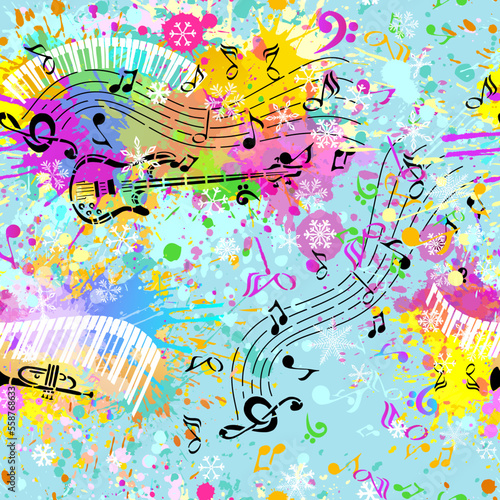 Vector Music background. Seamless pattern with Hand drawn doodle Musical Instruments, Retro musical equipment.