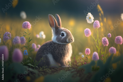Cute little bunny in a field of flowers. Generative AI.