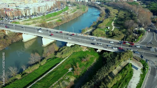 Vista aerea di Ponte Marconi con il fiume Tevere a Roma. Con il traffico urbano photo