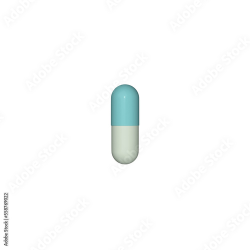 Capsule with a white and red parts on a cartoon hand against blue background, 3d render, 3d illustration
