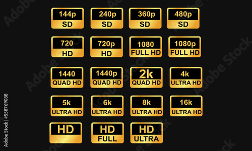 4k video quality screen resolution golden icons suitability images on screen eps10