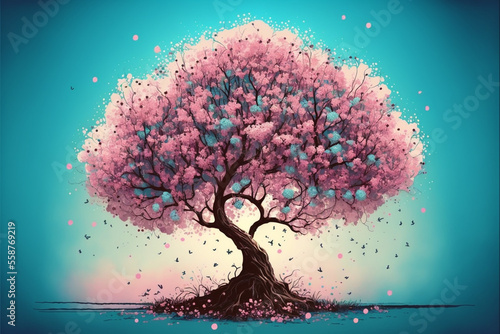 A cherry blossom tree in full bloom, its delicate pink flowers adding a touch of whimsy. Blue sky. Generative Ai illustration in vector style. © peakfinder