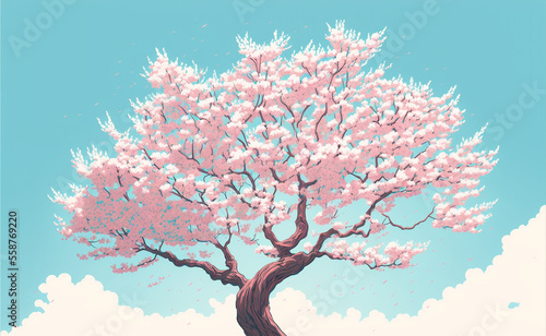 A cherry blossom tree in full bloom, its delicate pink flowers adding a touch of whimsy. Blue sky. Generative Ai illustration in vector style. © peakfinder