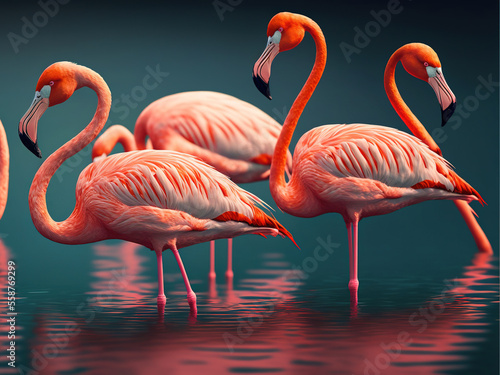 Flock of Pink Caribbean flamingos in water. Generative AI.