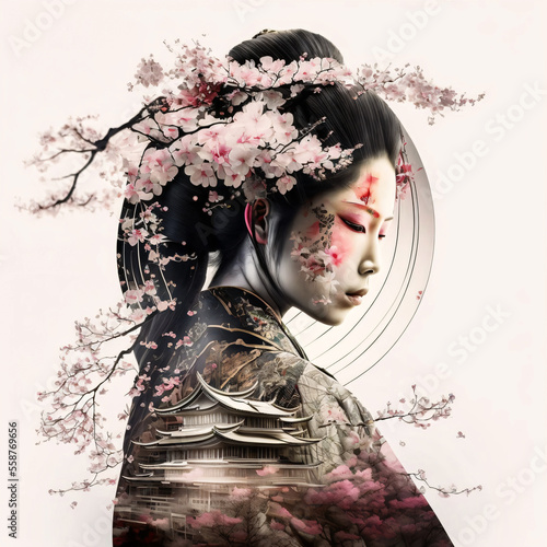 Geisha in Japan with cherry tree. Concept. Designed using generative ai. 