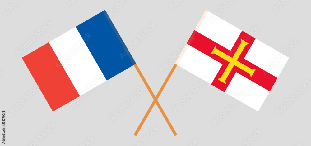 Crossed flags of France and Bailiwick of Guernsey. Official colors. Correct proportion